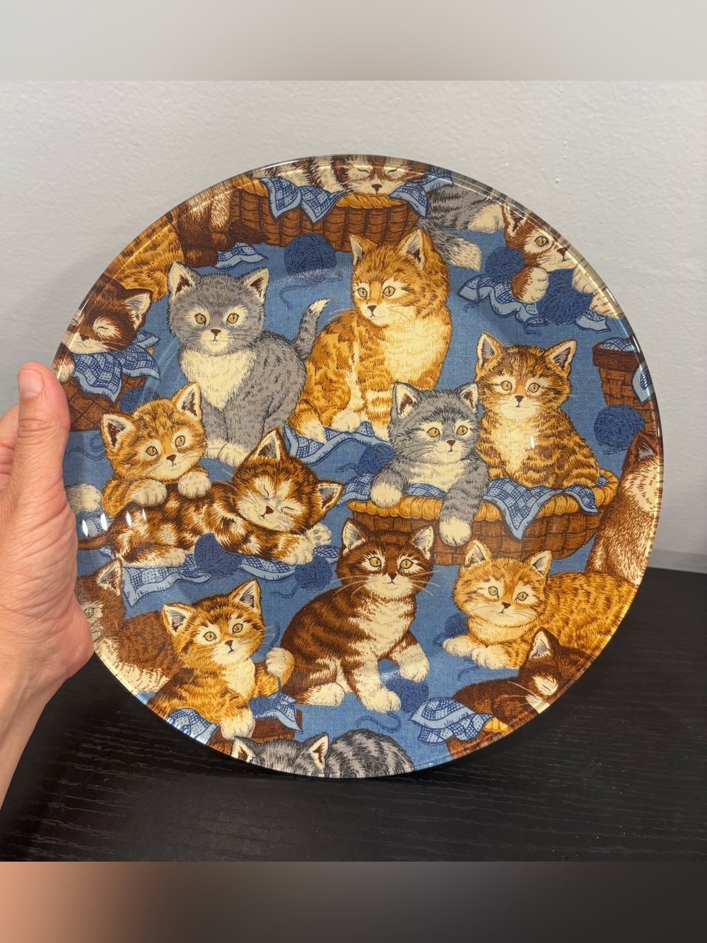 Cat Pattern Decorative Dinner Plate - Blue and Brown Kitten Motif glass vintage